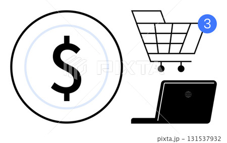 Dollar sign in a circle, shopping cart with three notifications, and laptop icon. Ideal for e-commerce, online shopping, mobile apps, notifications, business finance digital marketing. Line Dollar sign in a circle, shopping cart with three notifications, and laptop icon. Ideal for e-commerce, online shopping, mobile apps, notifications, business finance digital marketing. Line 131537932