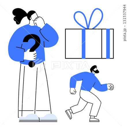 Confused character with question mark, gift box tied with ribbon, person running. Ideal for problem-solving, confusion, decision-making, gifting, mystery urgency dilemma. Line metaphor Confused character with question mark, gift box tied with ribbon, person running. Ideal for problem-solving, confusion, decision-making, gifting, mystery urgency dilemma. Line metaphor 131537944