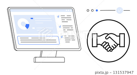 Computer monitor displaying data charts and lists beside handshake icon symbolizing agreement. Ideal for teamwork, partnerships, business, collaborations, data analysis, professional services 131537947