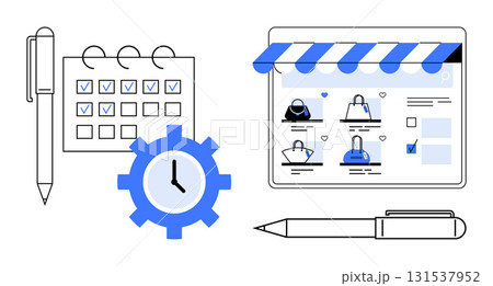 Calendar with check marks, clock gear, e-commerce webpage with bags under awning. Ideal for business planning, time management, e-commerce, scheduling, task tracking, workflow management 131537952