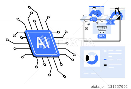 AI chip with circuitry links, online shopping interface with Cash Back and Buy icons, data analytics display. Ideal for technology, AI, e-commerce, online shopping, data analysis, marketing AI chip with circuitry links, online shopping interface with Cash Back and Buy icons, data analytics display. Ideal for technology, AI, e-commerce, online shopping, data analysis, marketing 131537992