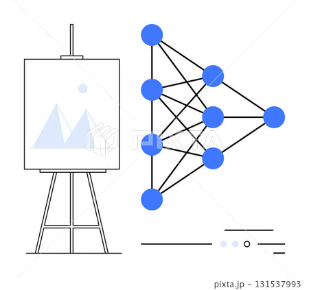 Abstract network model with connected blue nodes alongside an easel board with simple mountain drawing. Ideal for AI, tech presentations, data visualization, machine learning, education, innovation 131537993