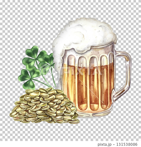 A mug of beer with a shamrock, a pile of coins for St. Patrick's Day. Hand-drawn watercolor illustration. Design element for greeting cards, banners and flyers, packaging, invitations, and more. 131538086