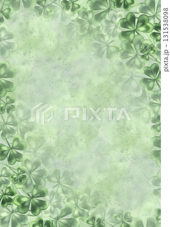 Clover trefoil frame. Hand-drawn watercolor illustration. For St. Patrick's Day. On a green textured watercolor background. For greeting cards, banners and flyers, packaging, invitations, and more. 131538098