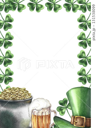 St. Patrick's Day frame. Hand-drawn watercolor illustration. Pot of gold coins, leprechaun hat, beer mug, and clover. For greeting cards, banners, invitations, and more. 131538099