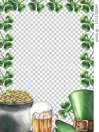 St. Patrick's Day frame. Hand-drawn watercolor illustration. Pot of gold coins, leprechaun hat, beer mug, and clover. For greeting cards, banners, invitations, and more. 131538099