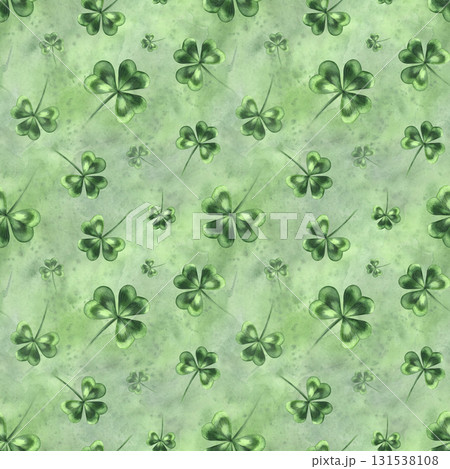 Seamless pattern with clover leaves on a green watercolor background. Hand-drawn watercolor illustration. For backgrounds, textiles, wrapping paper, packaging, holiday decor, and more. 131538108