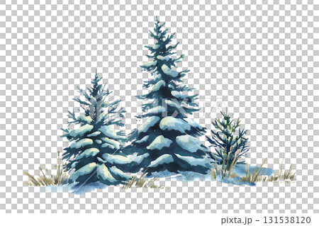 Minimal watercolor winter forest composition with snowy pine trees, hand-painted illustration ideal for seasonal greeting cards, posters, invitations, and decorative Christmas design. 131538120
