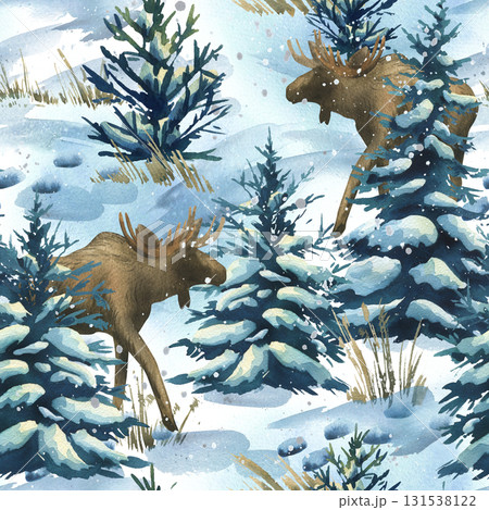 Seamless winter forest pattern with elk, snowy pines, and frosty landscape, created as a hand-painted watercolor illustration, ideal for wrapping, fabric, wallpaper, and festive design. Seamless winter forest pattern with elk, snowy pines, and frosty landscape, created as a hand-painted watercolor illustration, ideal for wrapping, fabric, wallpaper, and festive design. 131538122