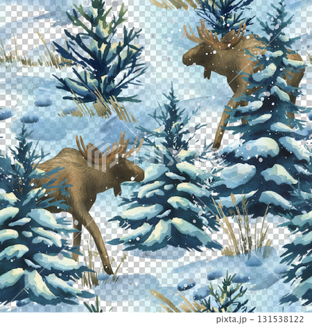 Seamless winter forest pattern with elk, snowy pines, and frosty landscape, created as a hand-painted watercolor illustration, ideal for wrapping, fabric, wallpaper, and festive design. Seamless winter forest pattern with elk, snowy pines, and frosty landscape, created as a hand-painted watercolor illustration, ideal for wrapping, fabric, wallpaper, and festive design. 131538122
