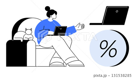 Woman sitting on a couch with a cat, using a laptop for a virtual meeting with another laptop. Percentage symbol displayed. Ideal for remote work, home office, virtual meetings, team collaboration Woman sitting on a couch with a cat, using a laptop for a virtual meeting with another laptop. Percentage symbol displayed. Ideal for remote work, home office, virtual meetings, team collaboration 131538285