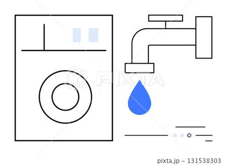 Washing machine beside faucet with blue water droplet, symbolizing water flow and laundry. Ideal for home appliances, utility services, water conservation, plumbing, household chores, sustainable Washing machine beside faucet with blue water droplet, symbolizing water flow and laundry. Ideal for home appliances, utility services, water conservation, plumbing, household chores, sustainable 131538303