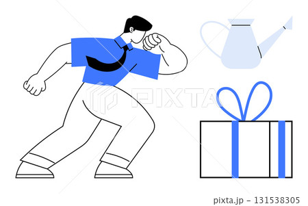 Strongman flexing bicep next to gift box with blue ribbon and white watering can. Ideal for strength, celebration, growth, gifting, motivation, gardening, and minimalism themes. Line metaphor 131538305