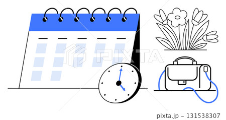 Spiral-bound calendar with clock emphasizes organized scheduling. Flowers and office bag suggest work-life balance. Ideal for time management, productivity, work-life balance, planning, organization 131538307