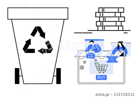 Shopping cart with Buy button alongside cashback offers, recycle bin with symbol, and stacked coins. Ideal for e-commerce, sustainability, finance, customer rewards, environmental campaigns, online Shopping cart with Buy button alongside cashback offers, recycle bin with symbol, and stacked coins. Ideal for e-commerce, sustainability, finance, customer rewards, environmental campaigns, online 131538312