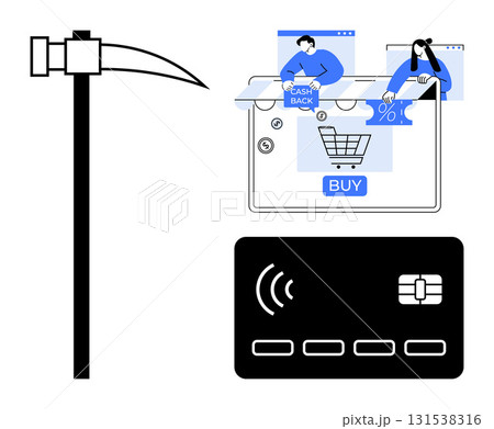 Pickaxe, laptop screen displaying online shopping cart with Buy button, credit card, people interacting with e-commerce elements. Ideal for e-commerce, online shopping, digital payments, cashback Pickaxe, laptop screen displaying online shopping cart with Buy button, credit card, people interacting with e-commerce elements. Ideal for e-commerce, online shopping, digital payments, cashback 131538316