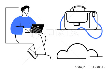 Person working on a laptop, briefcase, and cloud outline elements. Ideal for remote work, digital nomadism, cloud storage, flexible jobs, online collaboration, modern working, productivity. Line Person working on a laptop, briefcase, and cloud outline elements. Ideal for remote work, digital nomadism, cloud storage, flexible jobs, online collaboration, modern working, productivity. Line 131538317