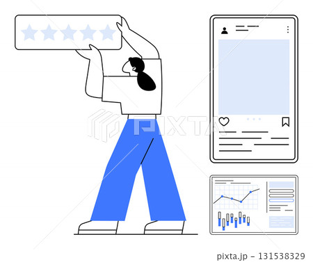 Person holding five-star rating with profile page and analytics dashboard, signaling positive feedback and growth. Ideal for user experience, customer reviews, social media marketing, audience Person holding five-star rating with profile page and analytics dashboard, signaling positive feedback and growth. Ideal for user experience, customer reviews, social media marketing, audience 131538329