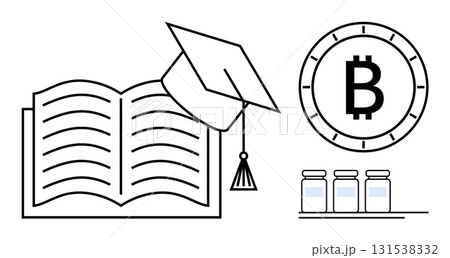 Open book with graduation cap, Bitcoin symbol in a coin, and three laboratory vials. Ideal for education, finance, cryptocurrency, research, technological advancements, innovation, future solutions 131538332