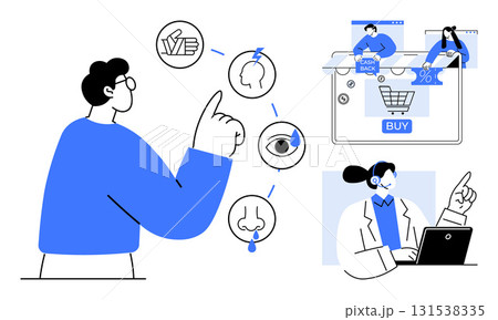 Man interacting with symbols of touchpoints recommendation, brain, eye. Online shopping screen showing buy button. Customer service agent on laptop aiding. Ideal for marketing, e-commerce, user 131538335