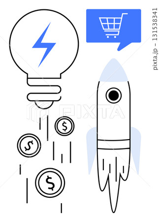 Light bulb with blue lightning and dollar coins, rocket ship, and blue shopping cart icon. Ideal for entrepreneurship, startups, e-commerce, innovation, finance, investment, and technology. Line 131538341