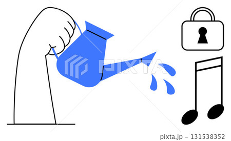 Hand pouring water on music note beside padlock. Ideal for creativity, nurturing, security, inspiration, music growth and balance. Line metaphor. Simple line icons 131538352