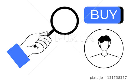 Hand holding a magnifying glass, highlighting a BUY button and male avatar icon. Ideal for e-commerce, customer identification, online shopping, marketing, UX design, digital advertising, and product Hand holding a magnifying glass, highlighting a BUY button and male avatar icon. Ideal for e-commerce, customer identification, online shopping, marketing, UX design, digital advertising, and product 131538357