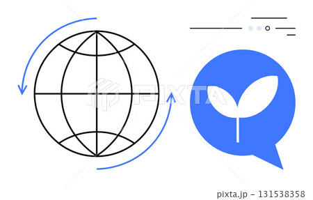 Globe surrounded by arrows next to a blue speech bubble containing a plant sprout. Ideal for environmental conservation, eco-friendly practices, global communication, sustainability, climate change 131538358