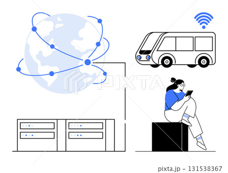 Earth connected by a network, servers, wireless-enabled bus, person using tablet. Ideal for technology, communication, internet, transportation, digital devices remote access global connectivity 131538367