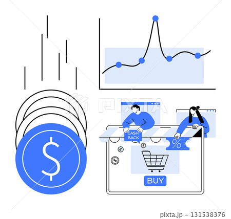 Coins, line graph with data points, two people analyzing cashback and discounts, shopping cart button. Ideal for e-commerce, data analysis, financial planning, marketing strategies, sales tracking 131538376