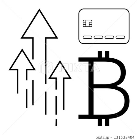 Arrows pointing upward next to a Bitcoin symbol and a credit card highlight financial growth, cryptocurrency, and digital transactions. Ideal for fintech, blockchain, virtual banking, investment 131538404
