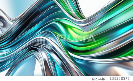 Abstract flowing metallic waves with smooth curves and glossy reflective surfaces in shades of green silver and gray creating modern artistic design Abstract flowing metallic waves with smooth curves and glossy reflective surfaces in shades of green silver and gray creating modern artistic design 131538575