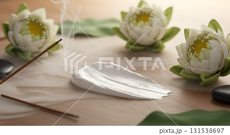 Elegant skincare cream and lotus flowers with aroma sticks create a zen spa atmosphere for wellness and beauty product promotion 131538697