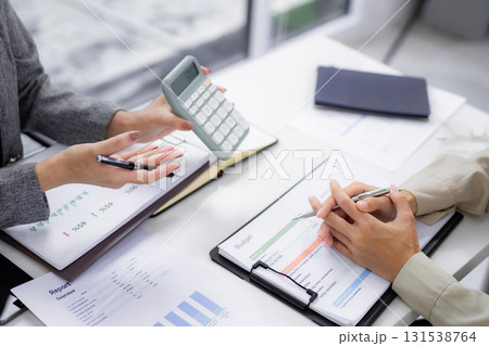 Business professionals review financial reports calculate budgets discuss investment strategy office meeting analyzing data 131538764
