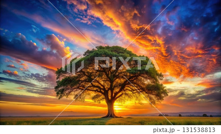 Majestic tree with equal branches standing tall in a wide open field under a clear blue sky 131538813