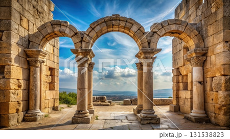 A majestic stone archway framing a beautiful view of nature with two identical columns on each side A majestic stone archway framing a beautiful view of nature with two identical columns on each side 131538823