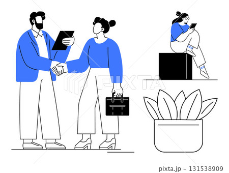 Two colleagues shaking hands and reviewing documents, another employee working on a tablet. Plant in pot. Ideal for teamwork, remote work, collaboration, professional growth, corporate environment Two colleagues shaking hands and reviewing documents, another employee working on a tablet. Plant in pot. Ideal for teamwork, remote work, collaboration, professional growth, corporate environment 131538909