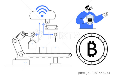 Robotic arm on a conveyor belt, cloud network connectivity, shielded figure, Bitcoin symbol. Ideal for blockchain, IoT, cybersecurity, automation, fintech, Industry 4.0, future tech presentations Robotic arm on a conveyor belt, cloud network connectivity, shielded figure, Bitcoin symbol. Ideal for blockchain, IoT, cybersecurity, automation, fintech, Industry 4.0, future tech presentations 131538973
