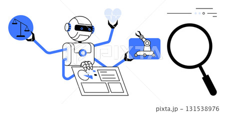 Robot handles justice symbol, heart, robotic arm, and data chart. Ideal for technology, AI, automation, healthcare, legal tech, industrial, and research themes. Line metaphor Robot handles justice symbol, heart, robotic arm, and data chart. Ideal for technology, AI, automation, healthcare, legal tech, industrial, and research themes. Line metaphor 131538976