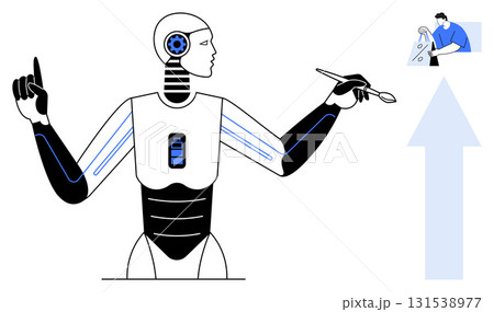 Robot drawing with raised finger and pen, engineer reviewing blueprint, blue arrow indicating upward progress. Ideal for technology, innovation, robotics, AI, design, engineering future concepts 131538977