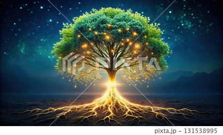 Glowing financial tree with illuminated lights representing wealth growth and prosperity in nature 131538995