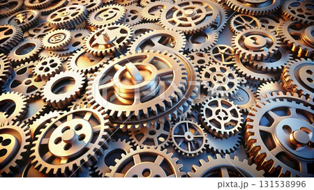 Massive gear system powered by mechanical components representing industrial engineering and innovation 131538996