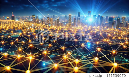 A digital network of glowing lights over a cityscape representing connectivity and modern living 131539070