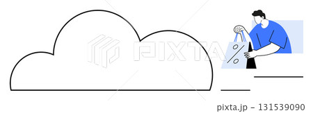 Man holding shopping bags with discount signs beside a large cloud outline. Ideal for e-commerce, digital storage, online shopping, data management, marketing, cloud computing, and sales. Line Man holding shopping bags with discount signs beside a large cloud outline. Ideal for e-commerce, digital storage, online shopping, data management, marketing, cloud computing, and sales. Line 131539090