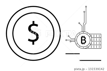 Dollar symbol in a circle and Bitcoin with electronic circuits. Ideal for financial, economic, digital currency, technology, investment themes. Minimalist, clean lines, modern 131539142