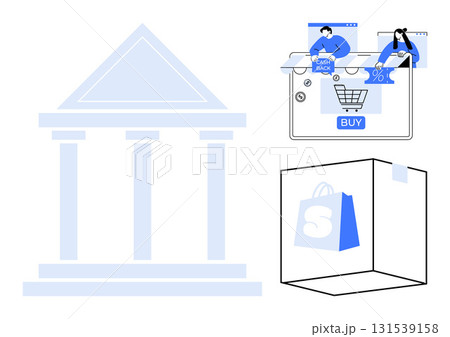 Digital shopping cart with Buy button, cash back offer, and discount symbols. Architectural building and shopping bag in box. Ideal for e-commerce, online shopping, retail, consumer behavior, digital 131539158