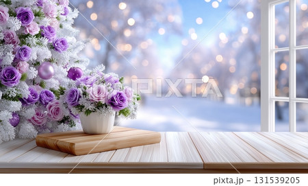 Elegant Christmas Tree with Purple Roses and Winter Window View 131539205