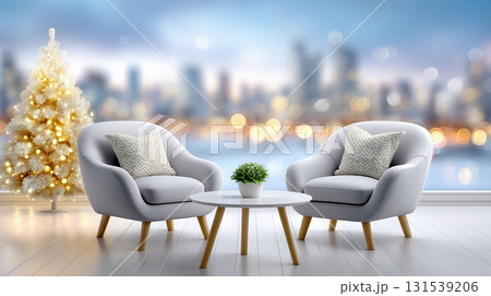Elegant Festive Interior with Armchairs, Christmas Tree, and City Skyline View 131539206