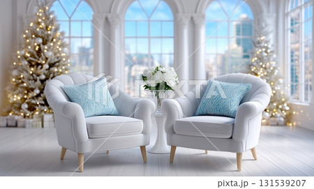 Elegant festive living room with white armchairs, Christmas trees, and city view Elegant festive living room with white armchairs, Christmas trees, and city view 131539207