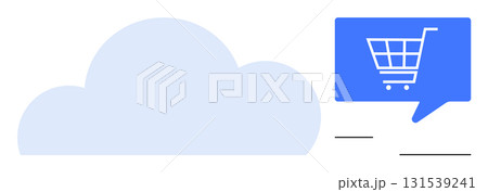 Cloud on the left, speech bubble with shopping cart icon on the right. Ideal for cloud computing, data storage, e-commerce, online shopping, technology, digital marketing, and internet services. Line 131539241